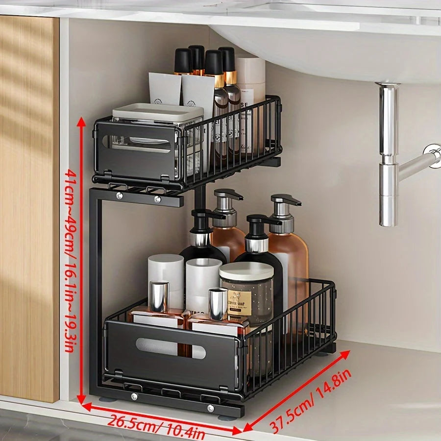 Cabinet Organizer Two-Tier Pull-Out Powder-Coated Steel Adjustable Height