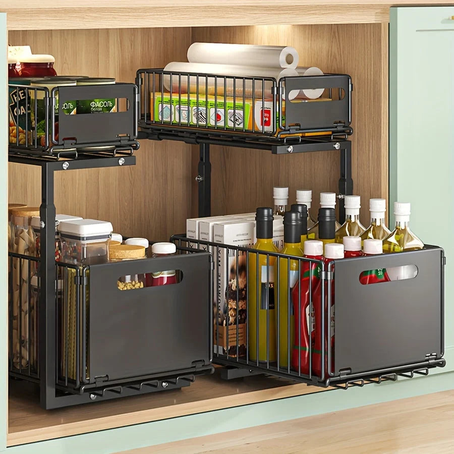 Cabinet Organizer Two-Tier Pull-Out Powder-Coated Steel Adjustable Height