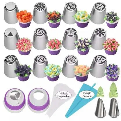 Cake Piping Nozzle Set Floral & Swirl Stainless Steel