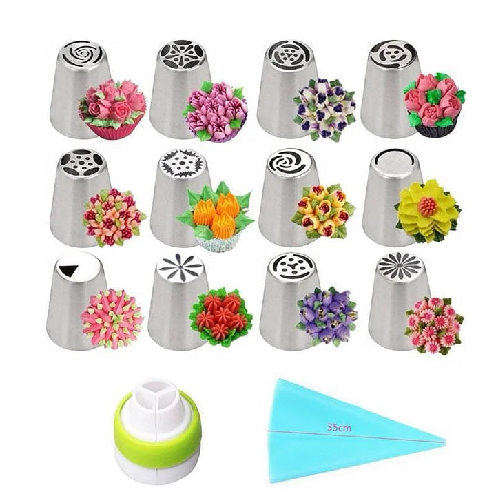 Cake Piping Tip Set 12 Tulip Stainless Steel Nozzles