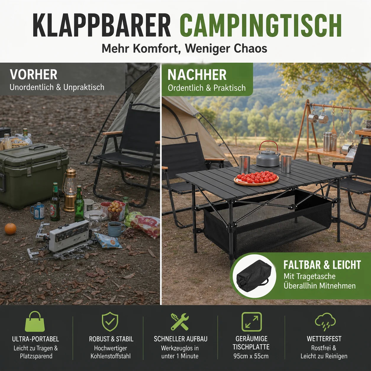 Camping Table Roll-Up Tabletop Adjustable Height