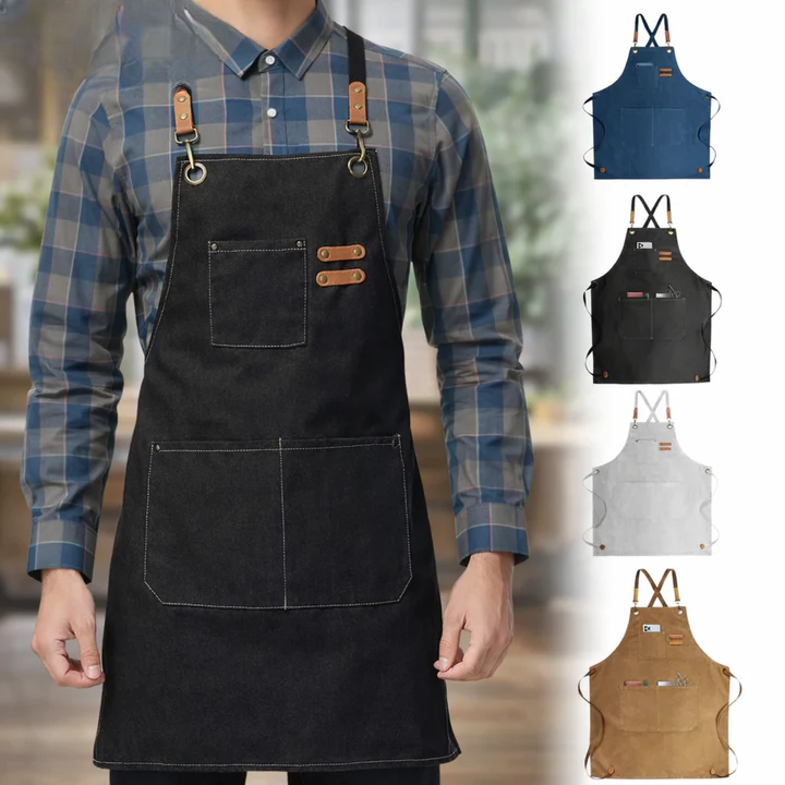 Canvas Work Apron Cross-Back Straps Multiple Pockets Leather Trim