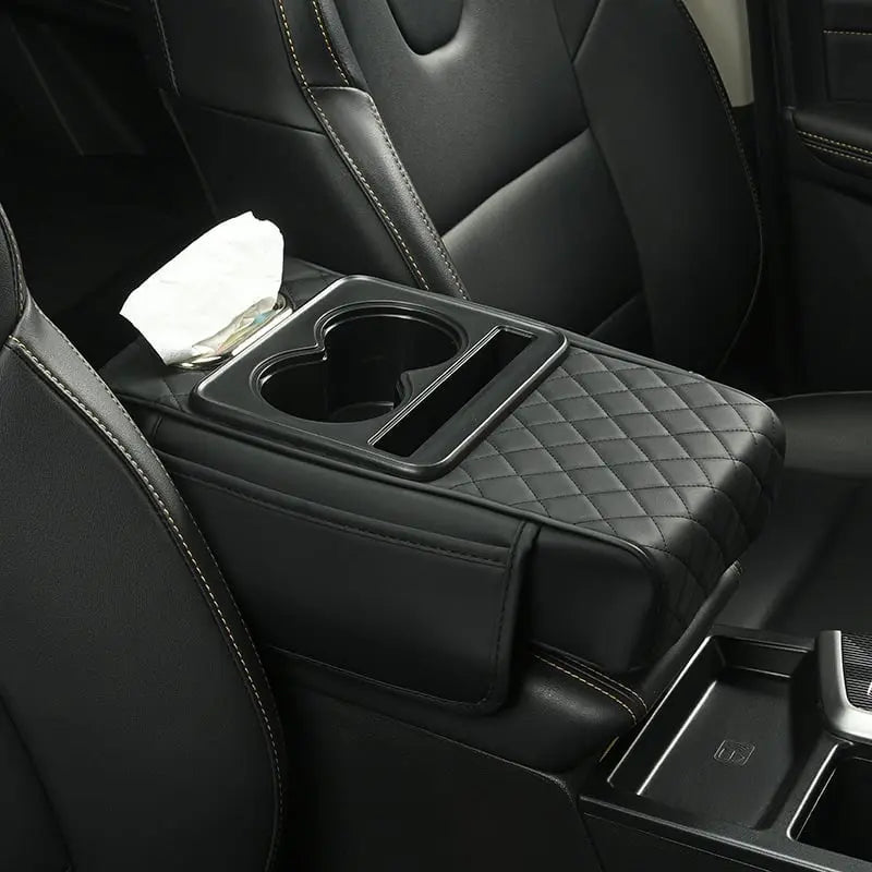 Car Armrest Cover Quilted Synthetic Leather With Cup Holders