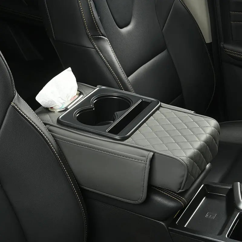 Car Armrest Cover Quilted Synthetic Leather With Cup Holders