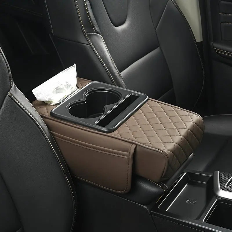 Car Armrest Cover Quilted Synthetic Leather With Cup Holders