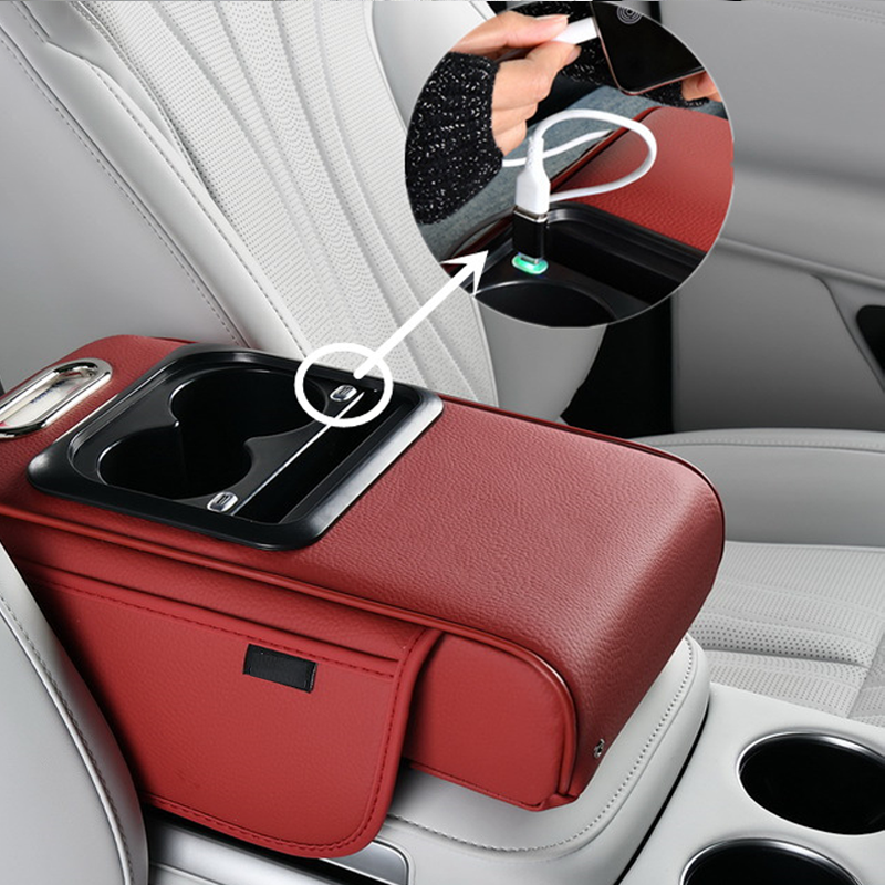 Car Armrest Organizer Padded Faux Leather USB & USB-C
