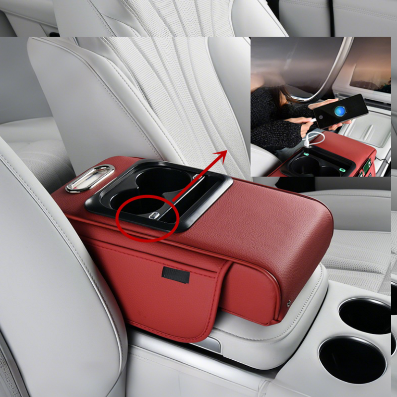 Car Armrest Organizer Padded Faux Leather USB & USB-C