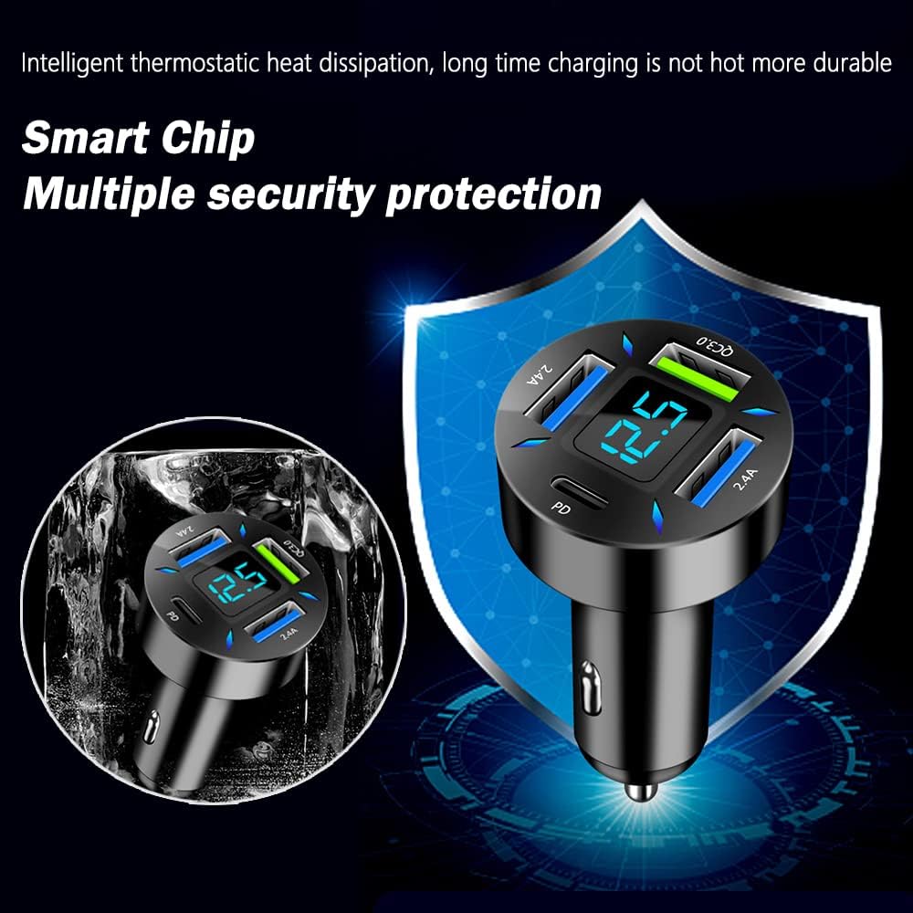 Car Charger 66W USB-C PD With LED Voltmeter