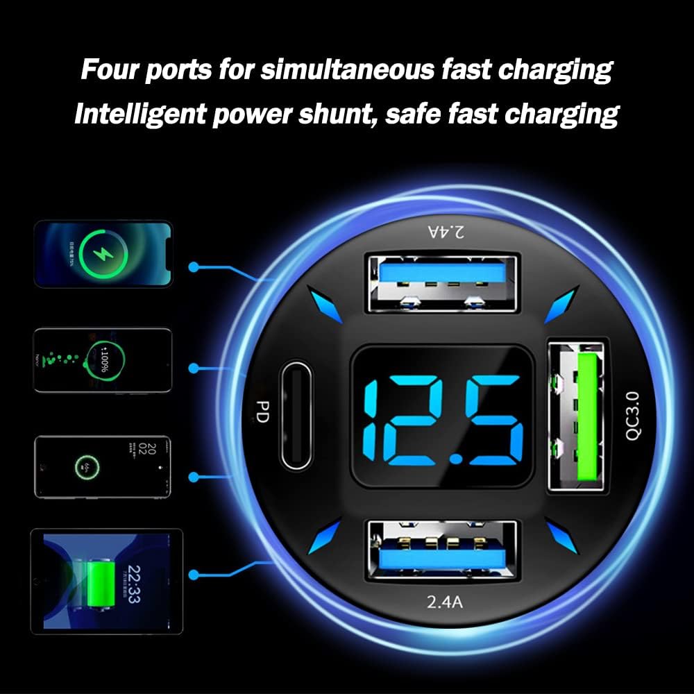 Car Charger 66W USB-C PD With LED Voltmeter