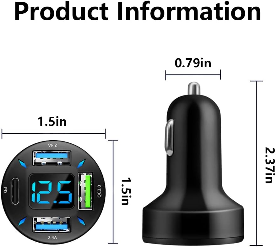 Car Charger 66W USB-C PD With LED Voltmeter