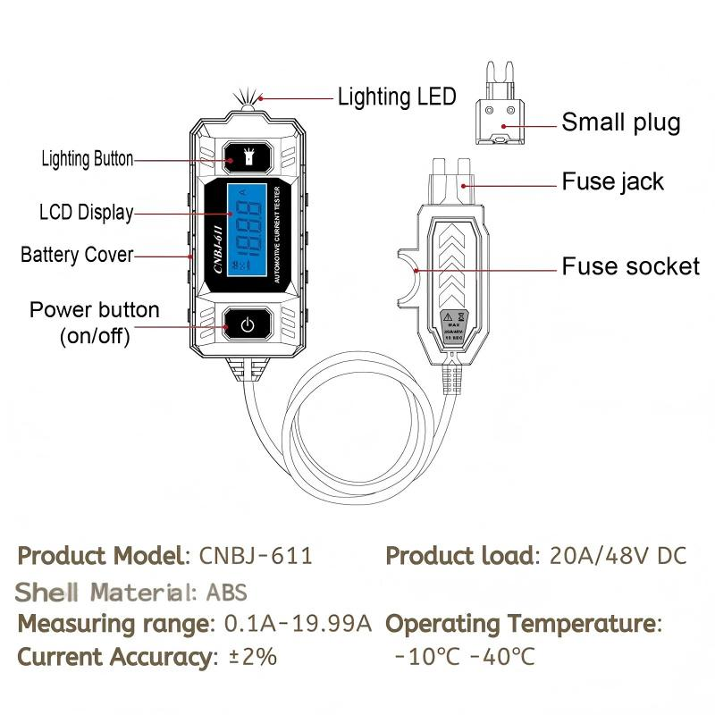 Car Current Tester 0.01–19.99A Backlit Display & LED Light