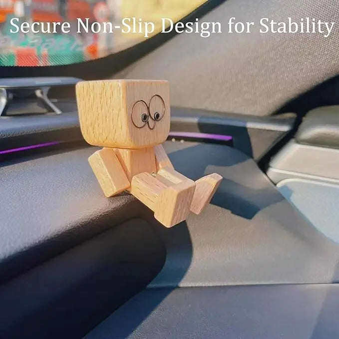 Car Dash Bobble Figure Handcrafted Wood Non-Slip Pad