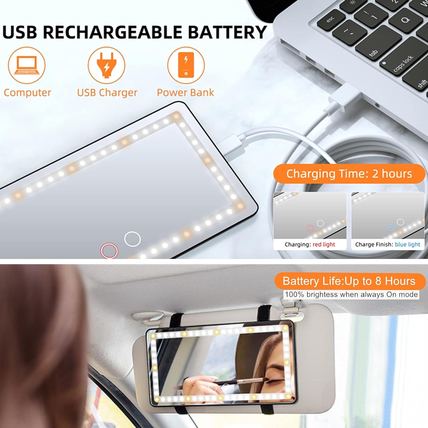 Car Makeup Mirror Adjustable LED HD Glass Rechargeable