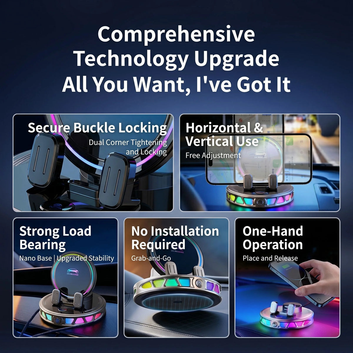 Car Phone Mount Automatic One-Hand Clamping RGB Lighting