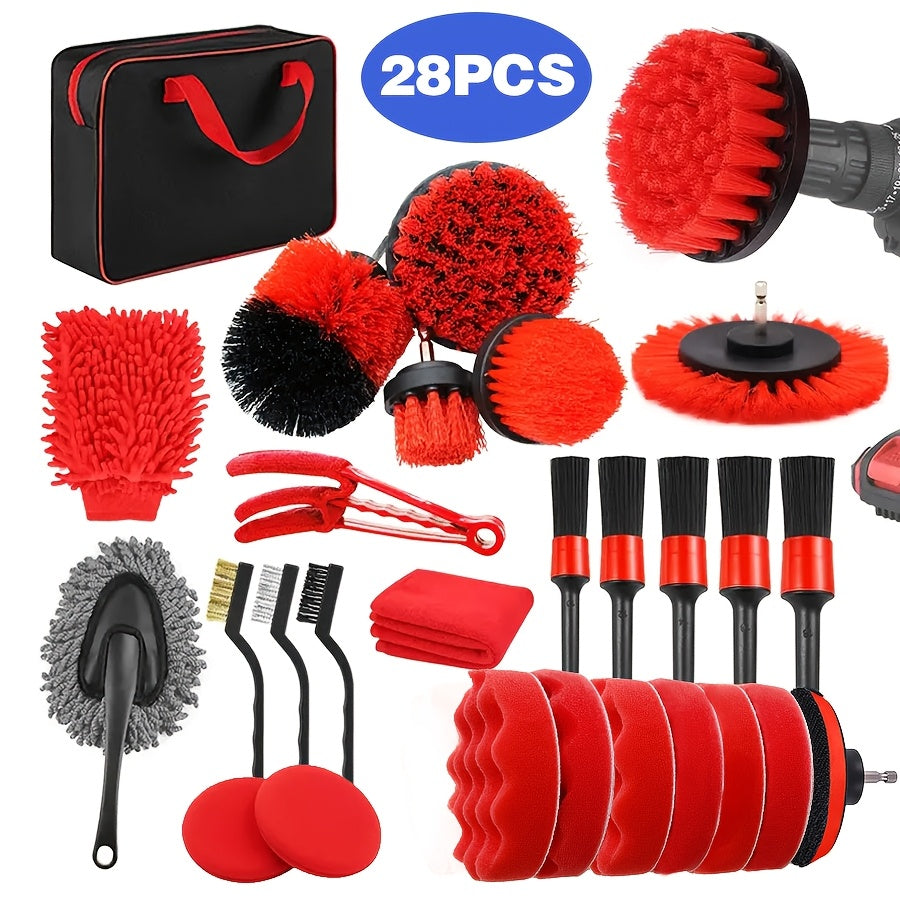 Car Wash Brush Set 28 Piece Drill Adapter Carrying Bag