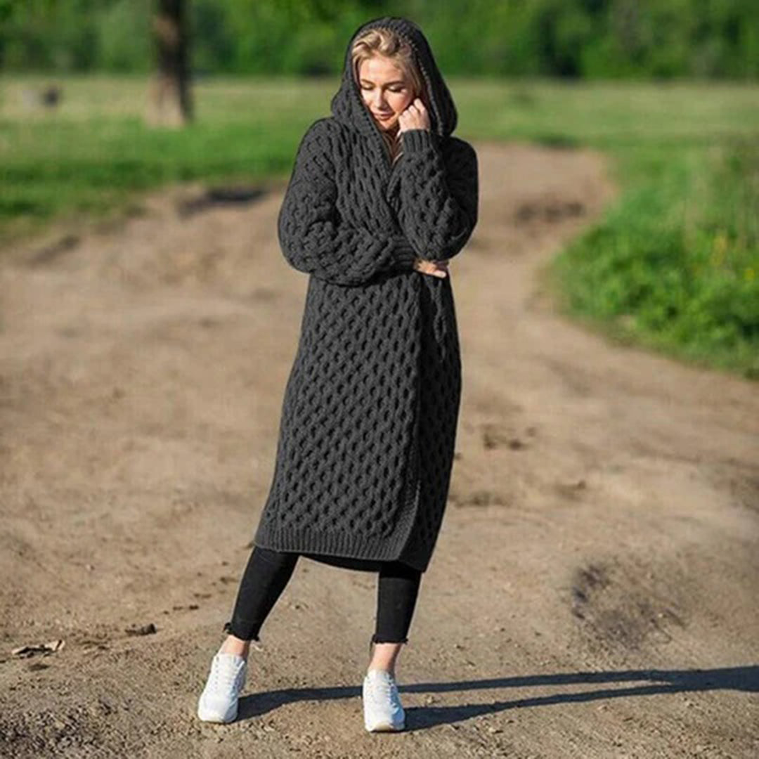 Cardigan Hooded Long Cut Chunky Ribbed Open Front