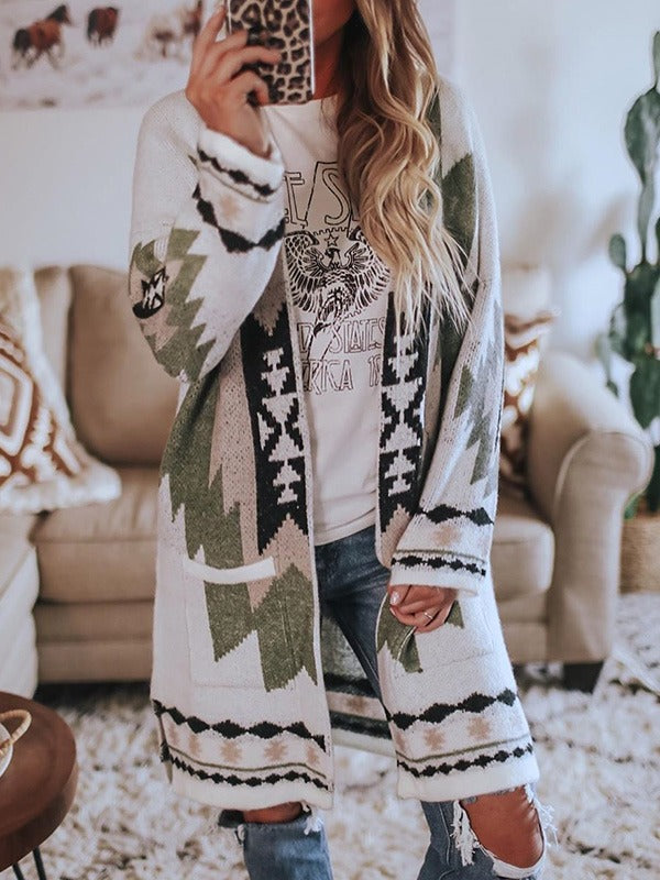 Cardigan Vintage Tribal Pattern Soft Knit Long Elastic Sleeves