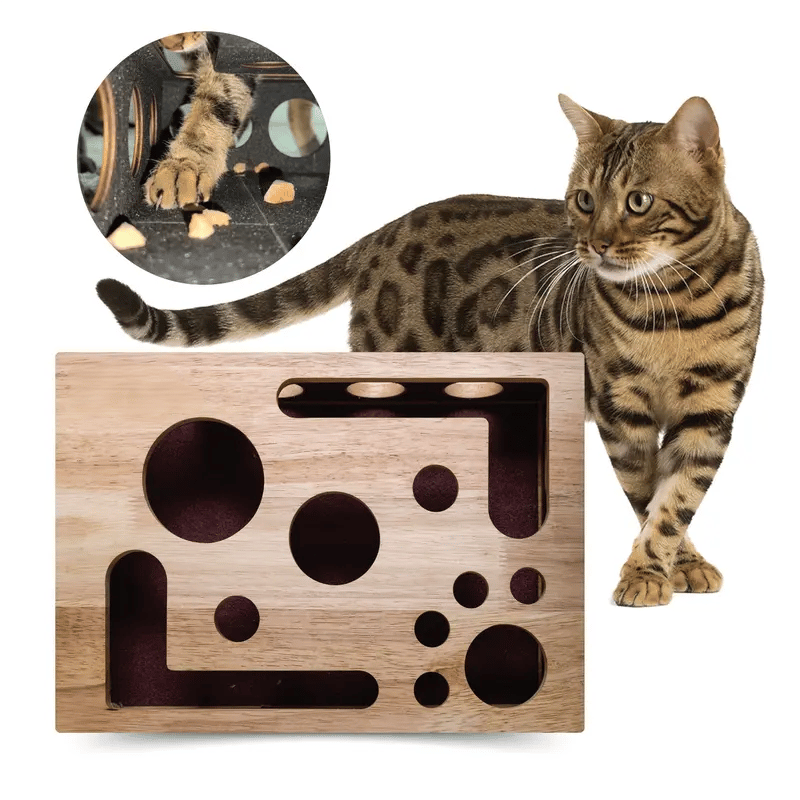 Cat Puzzle Box Oak Wood Treat-Dispensing Claw Care