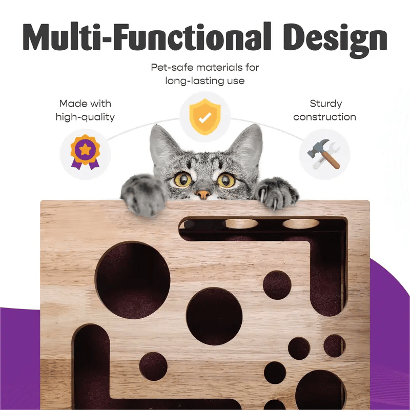 Cat Puzzle Box Oak Wood Treat-Dispensing Claw Care