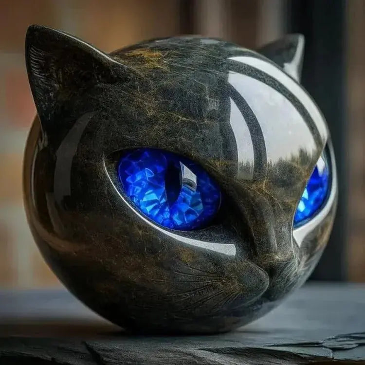 Cat Sculpture Handcrafted Marble Finish Glowing Eyes