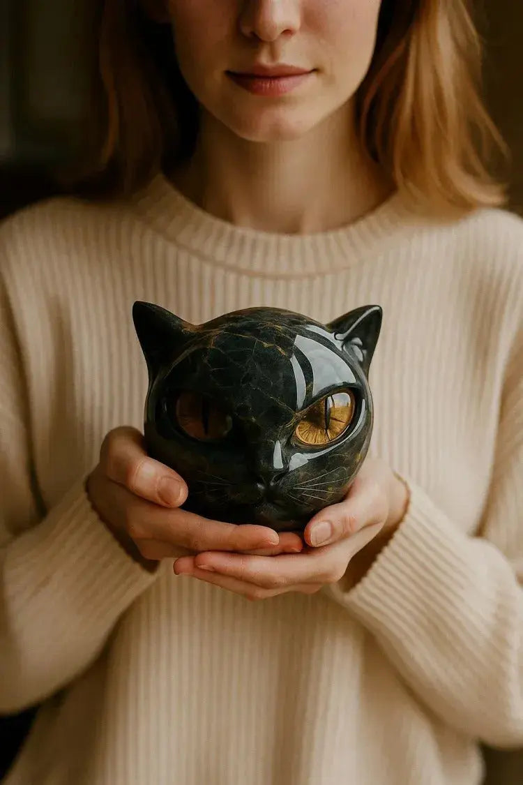 Cat Sculpture Handcrafted Marble Finish Glowing Eyes