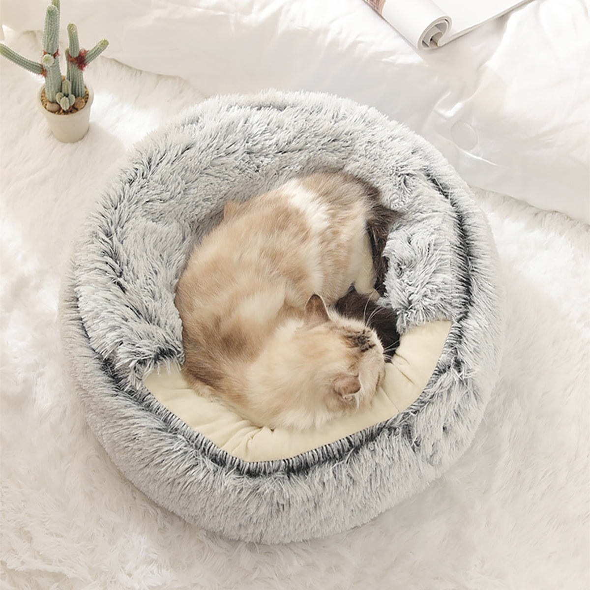 Cat & Small Dog Bed Plush Semi-Cave Machine Washable