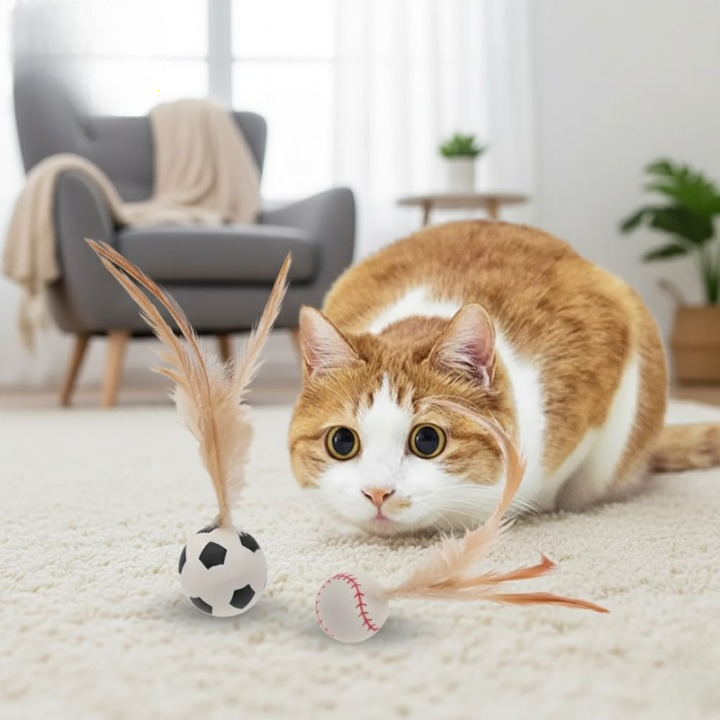 Cat Toy Feather-Trimmed Bouncing Balls Set of 3 Battery-Free