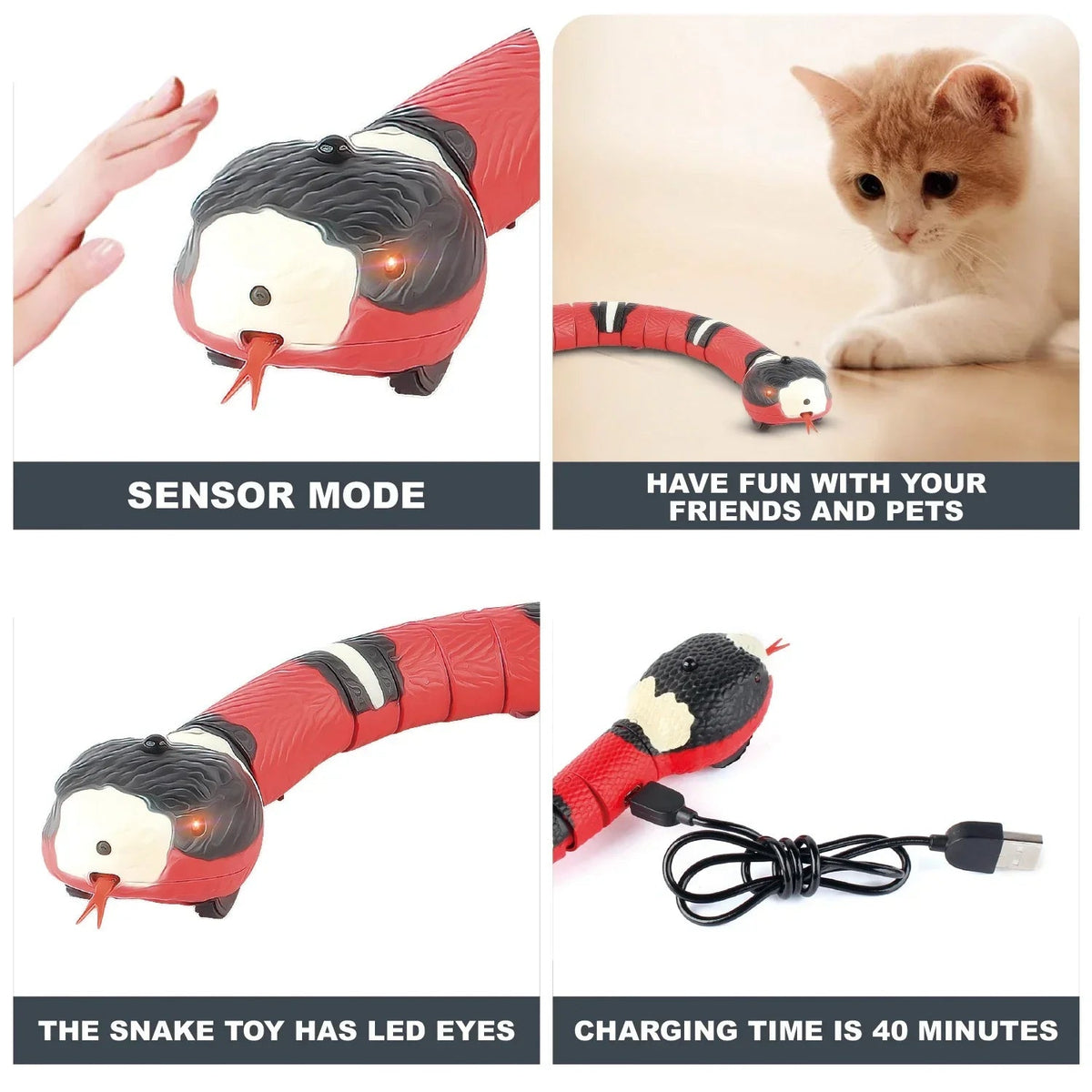 Cat Toy Lifelike Snake Soft Silicone USB Rechargeable