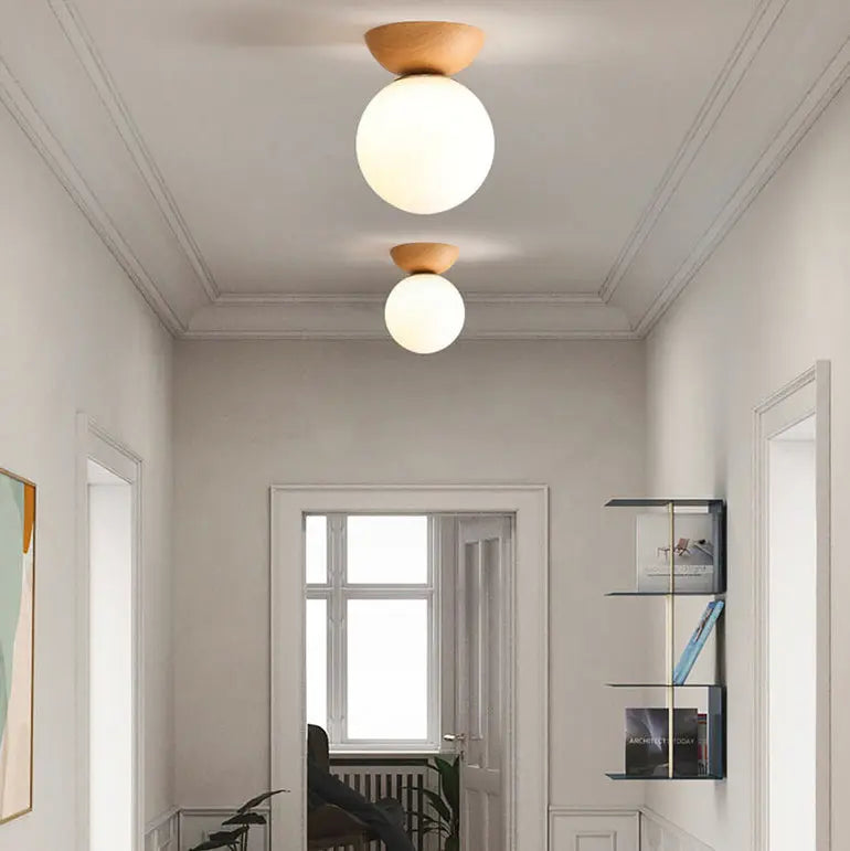 Ceiling Light Glass Globe & Wood Grain Base E14 Socket