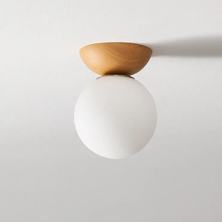 Ceiling Light Glass Globe & Wood Grain Base E14 Socket