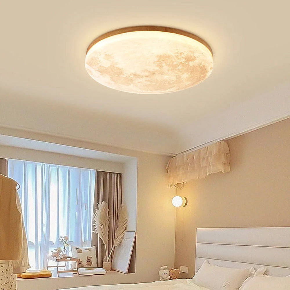 Ceiling Light Moon Design Solid Wood Frame Dimmable With Remote