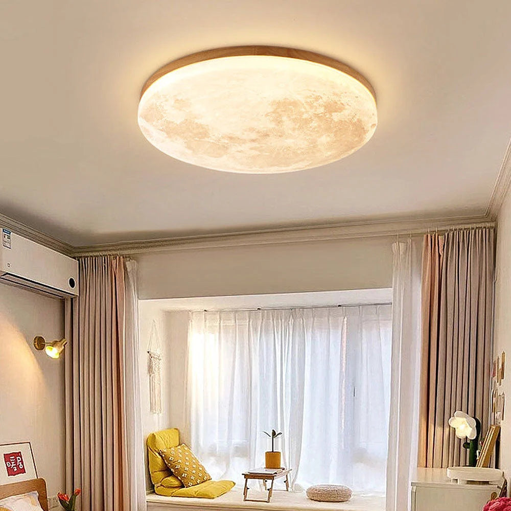 Ceiling Light Moon Design Solid Wood Frame Dimmable With Remote