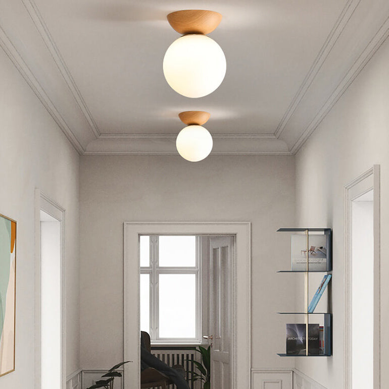 Ceiling Light Semi-Recessed Glass Globe Wood Finish