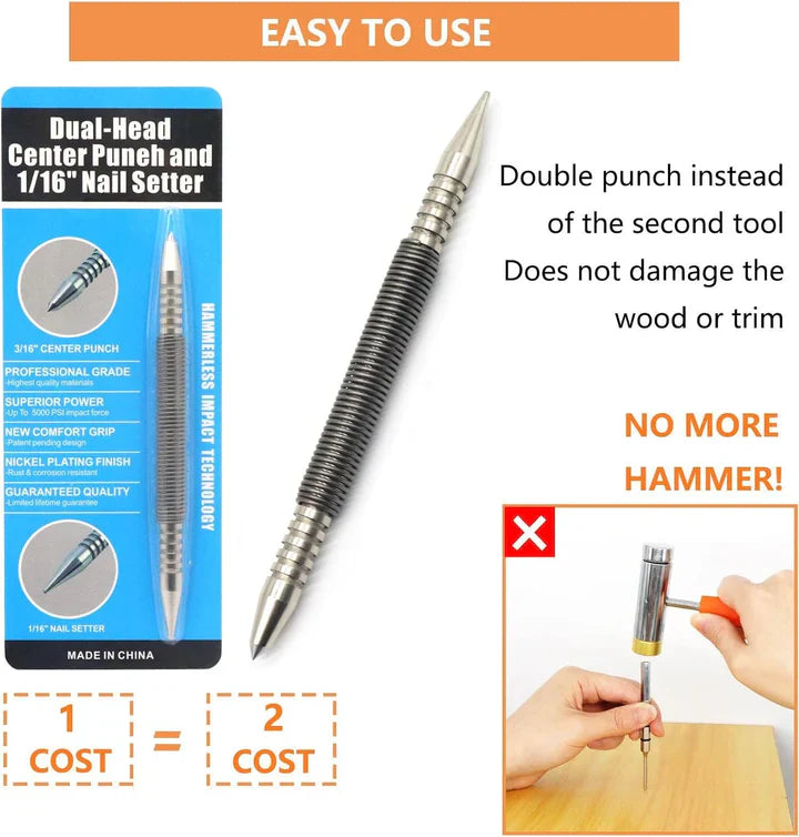 Center Punch Spring-Loaded Hardened Steel Two Interchangeable Tips
