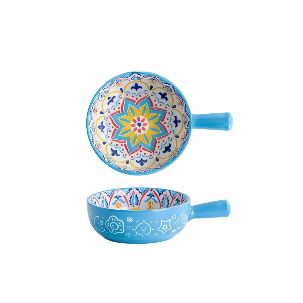 Ceramic Bowl Hand-Painted Floral Handle Oven & Microwave Safe