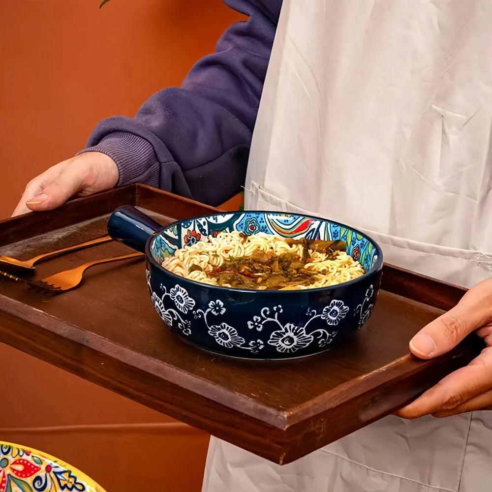 Ceramic Bowl Hand-Painted Floral Handle Oven & Microwave Safe