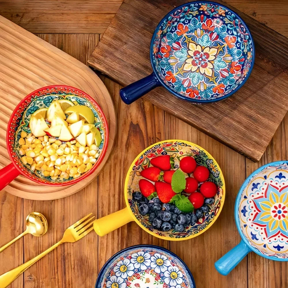 Ceramic Bowl Hand-Painted Floral Handle Oven & Microwave Safe