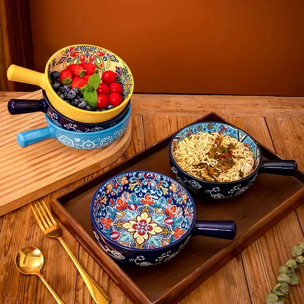 Ceramic Bowl Hand-Painted Floral Handle Oven & Microwave Safe
