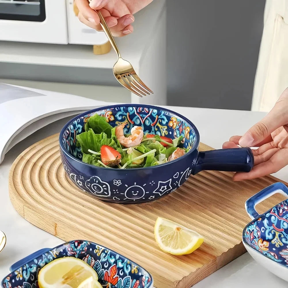 Ceramic Bowl Hand-Painted Floral Handle Oven & Microwave Safe