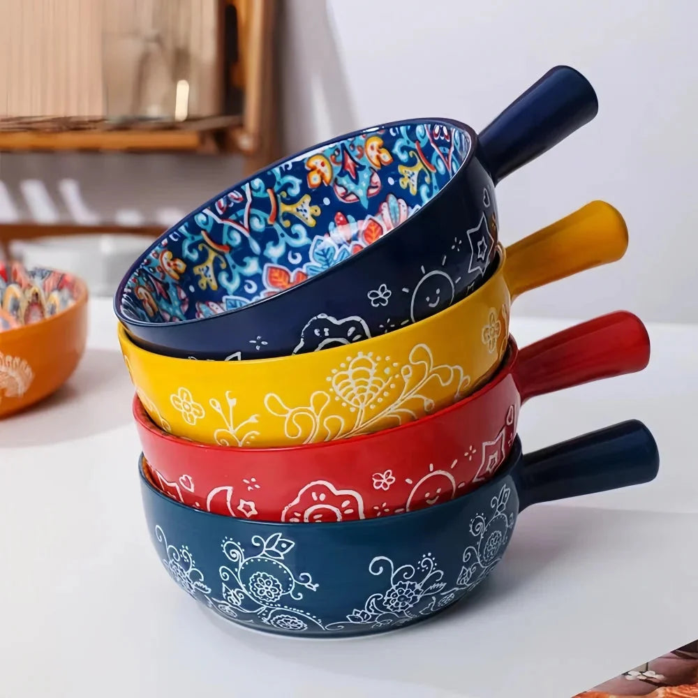 Ceramic Bowl Hand-Painted Floral Handle Oven & Microwave Safe