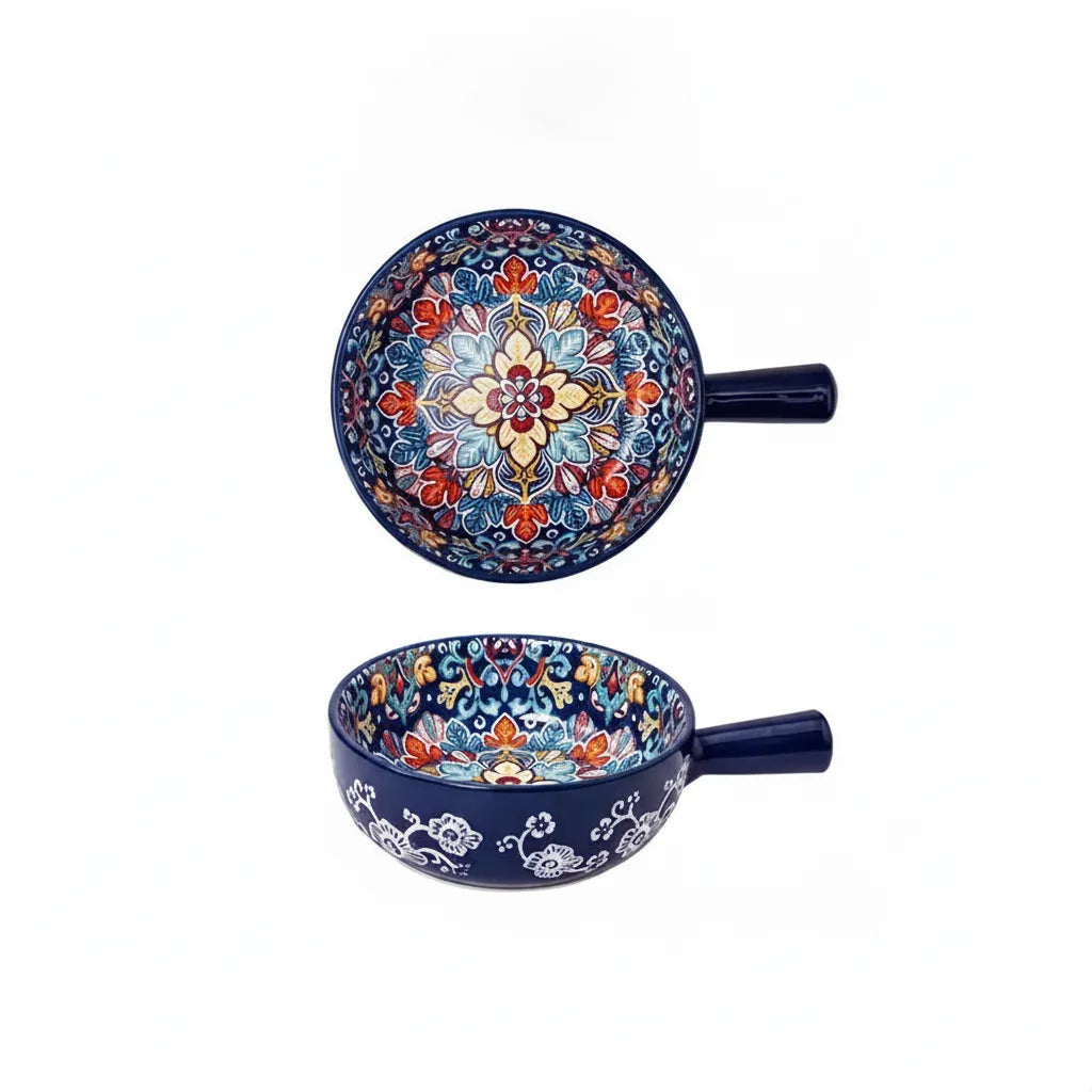 Ceramic Bowl Hand-Painted Floral Handle Oven & Microwave Safe