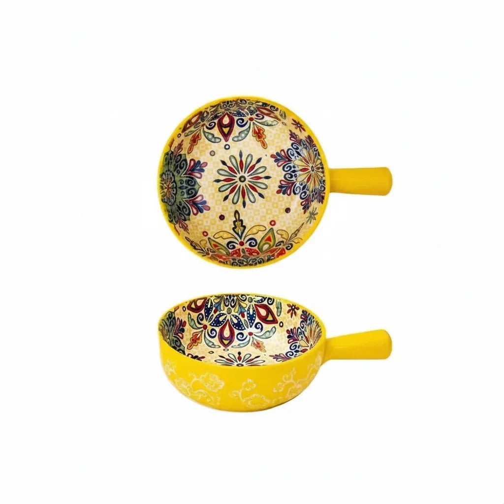 Ceramic Bowl Hand-Painted Floral Handle Oven & Microwave Safe