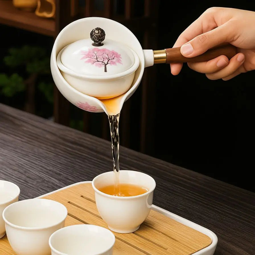 Ceramic Teapot Color-Changing Cherry Blossom Rotating Strainer Wooden Handle