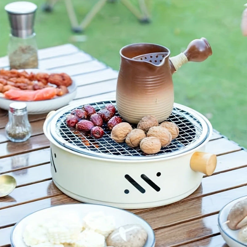 Charcoal Grill Portable Round Stainless Steel & Wooden Handles