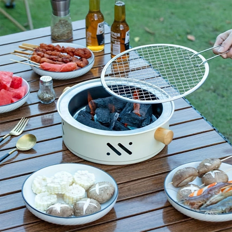 Charcoal Grill Portable Round Stainless Steel & Wooden Handles
