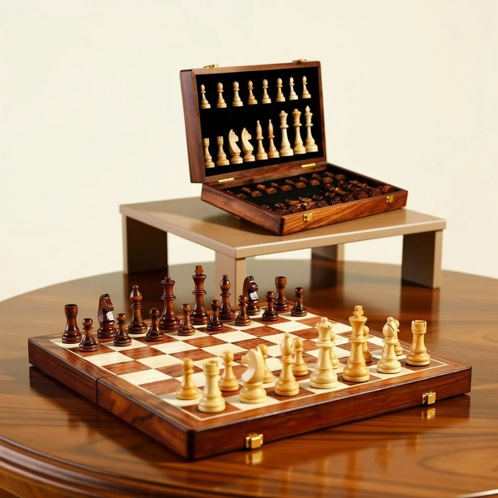 Chess Set Foldable Solid Hardwood With Integrated Storage