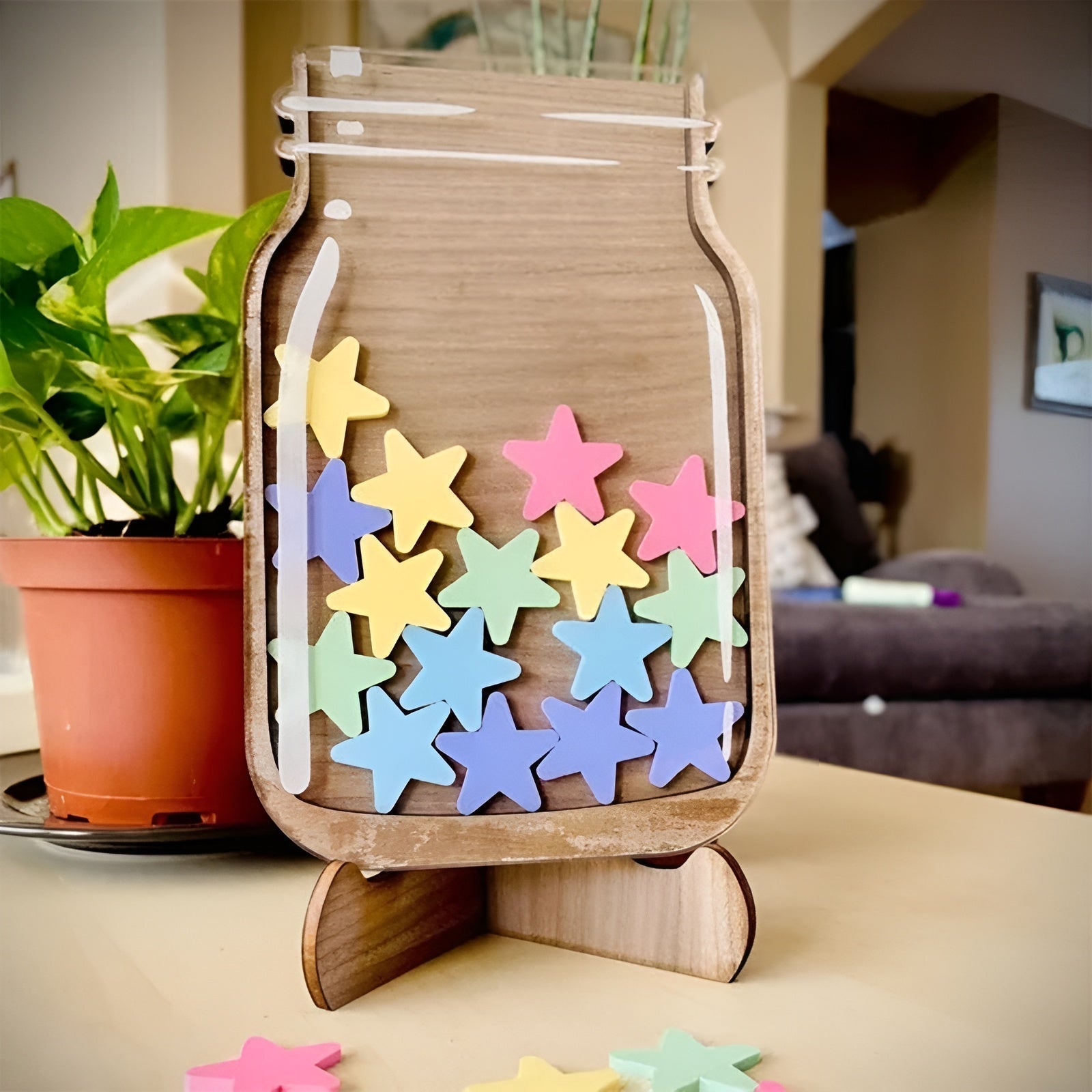 Children's Reward Jar Walnut Veneer Acrylic Stars & Stand