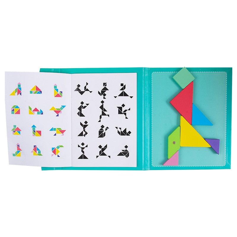 Children's Tangram Puzzle Magnetic Wooden Fold-Out Book 12 Cards