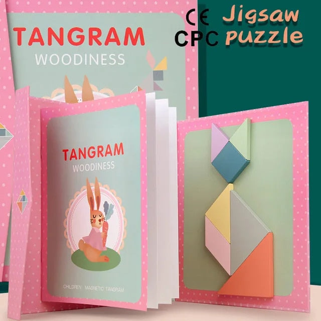 Children's Tangram Puzzle Magnetic Wooden Fold-Out Book 12 Cards