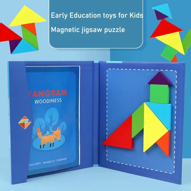 Children's Tangram Puzzle Magnetic Wooden Fold-Out Book 12 Cards